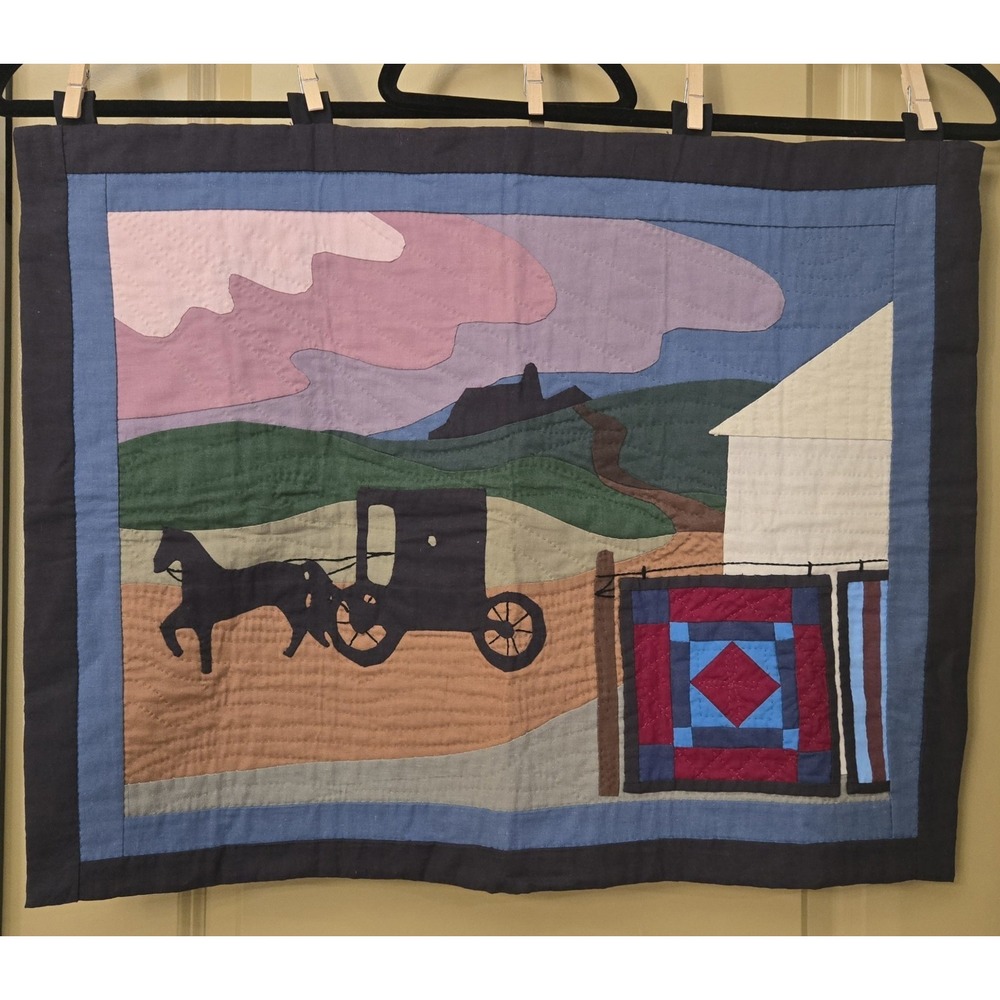 Annie Stoltzfus Amish Handmade quilt wallhanging 24.5"x 20" buggy scene mural